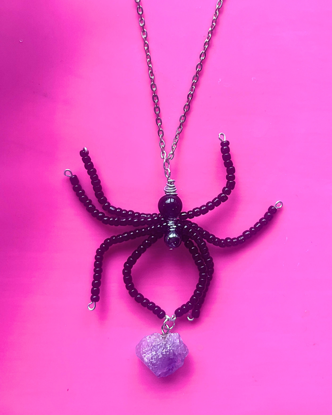 Amethyst Hematite & Black Obsidian Spider Necklace