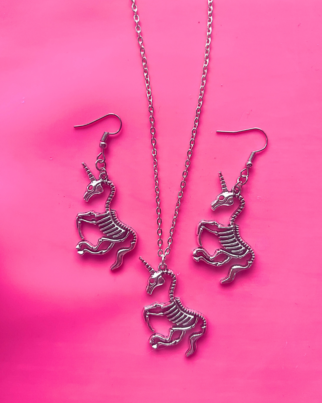 Unicorn Skeleton Necklace & Earrings